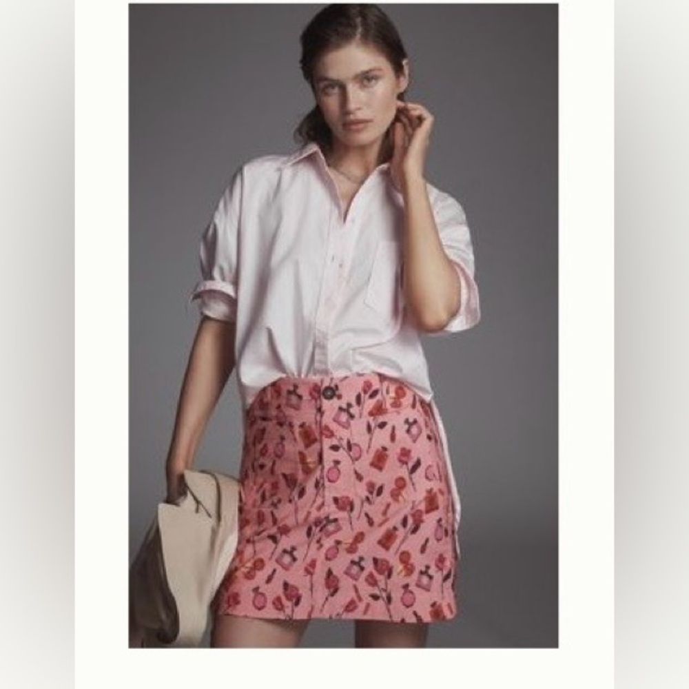 🩷NWT Maeve Playful Pink Skirt with Floral and Perfume Design